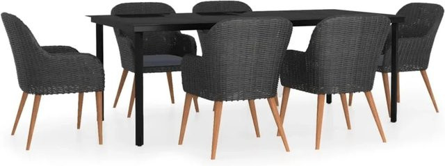 vidaXL 7-teilige Garten-Essgruppe aus PE-Rattan, Akazienholz und Stahl in Schwarz mit Kissen und Glastisch - Bild 1