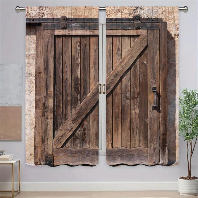 2 Stück Vintage Scheunentür Vorhänge mit Holzmaserungsdruck im Bauernhausstil, Farbe: Braun, B/H: 100 x 220 cm - Bild 1