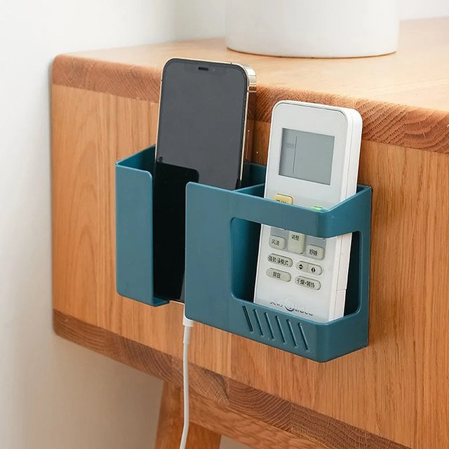 Multifunktionale 2-in-1 Wandaufbewahrungsbox für Mobiltelefone und Fernbedienungen, stanzfreies Aufbewahrungsregal aus Kunststoff, Farbe: Blau, B/H/T: 17,0 x 9,0 x 1,0 cm - Bild 1