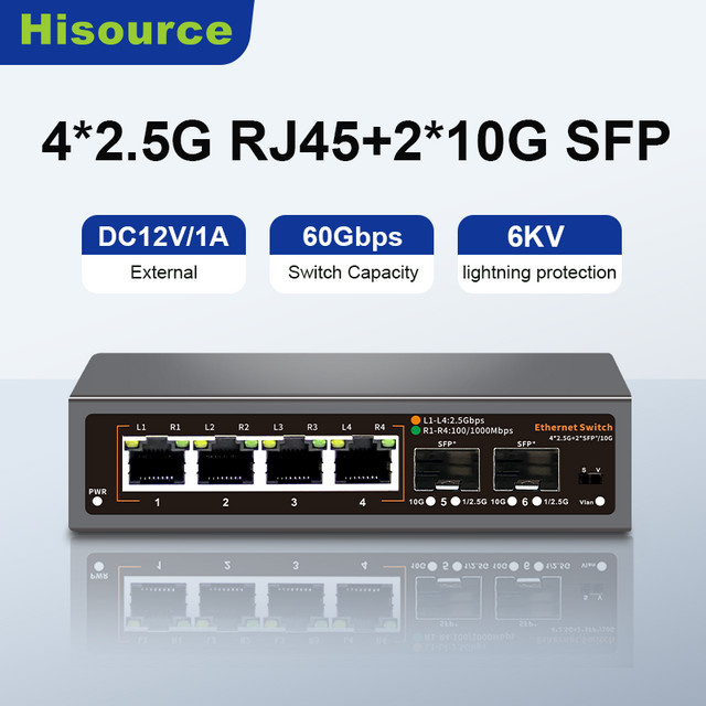 Hisource Unmanaged Ethernet Switch mit 4-Port 2.5G LAN und 2-Port 10G SFP+ in Schwarz - Bild 1
