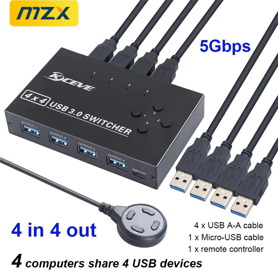 MZX USB 3.0 Switch Selector 4-in-4-out KVM Switcher Hub für 4 Computer zur gemeinsamen Nutzung von 4 USB-Geräten, Schwarz - Bild 2