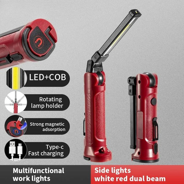 Htomaza COB LED-Arbeitsleuchte in Rot, wiederaufladbare zusammenklappbare Taschenlampe mit magnetischem Aufhängehaken für Outdoor, Camping und Autoreparatur - Bild 1