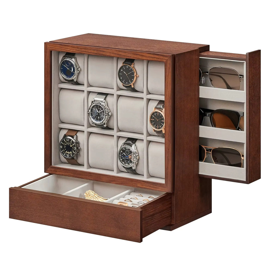 SONGMICS Uhrenbox, 12 Fächer, Massivholzfurnier, Braun, Unisex - Bild 3