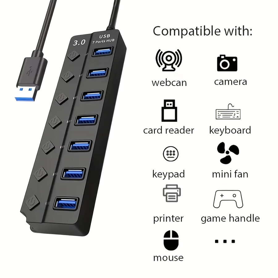 USB 3.0 High-Speed 7-Port-Splitter Computer-Erweiterungs-Hub mit Anti-Burnout-Schutz in Schwarz - Bild 5