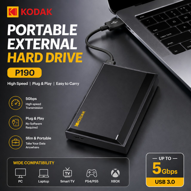 Kodak P190 Tragbare Externe Festplatte 1TB 2,5 Zoll HDD mit USB 3.0 5Gbps in Schwarz - Bild 1