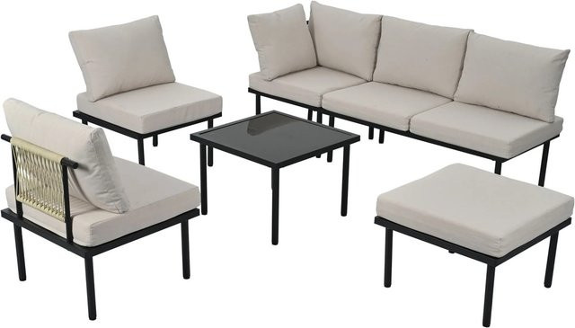 okwish Gartenmöbel Set Loungemöbel mit gepolsterten Kissen in Beige und verzinktem Stahlrahmen - Bild 1