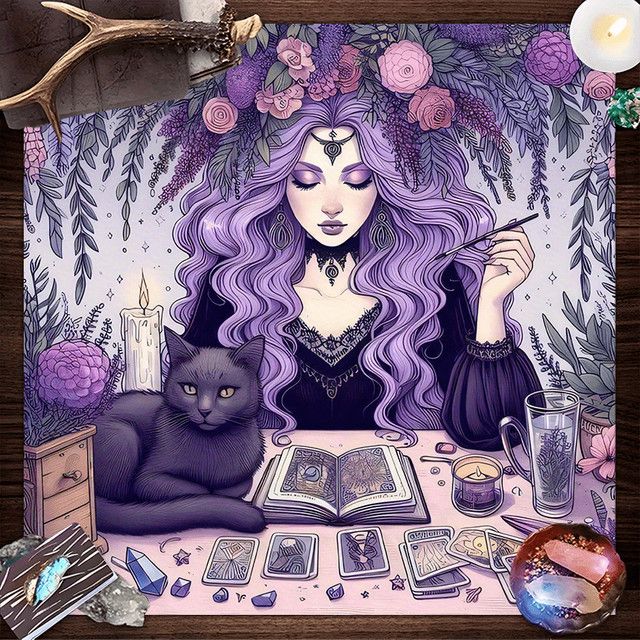 VIKAMA Tischdecke Glyzinien Hexe Tarot Wahrsagerei Schwarze Katze Kristall Esoterische Dekoration lila - Bild 1