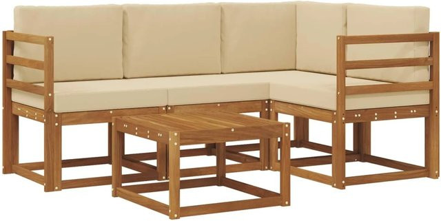 vidaXL Outdoor-Sofagarnitur in L-Form aus Akazienholz mit 5 Kissen in Natur und Beige - Bild 1