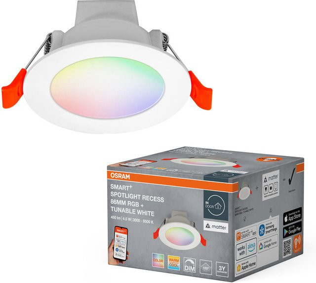 OSRAM Matter SMART+ RECESS DOWNLIGHT Einbaustrahler, RGBW, Tunable White 2700-6500 K, 4W, Weiß, Durchmesser: 8,6 cm - Bild 1