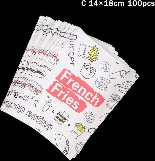 Binchi Outdoor Product Einweg-Papiertüten für Fast Food mit Pommes und Burger Motiv, weiße Take-away-Tüten für Restaurants und Snack-Shops, 100 Stück - Bild 1