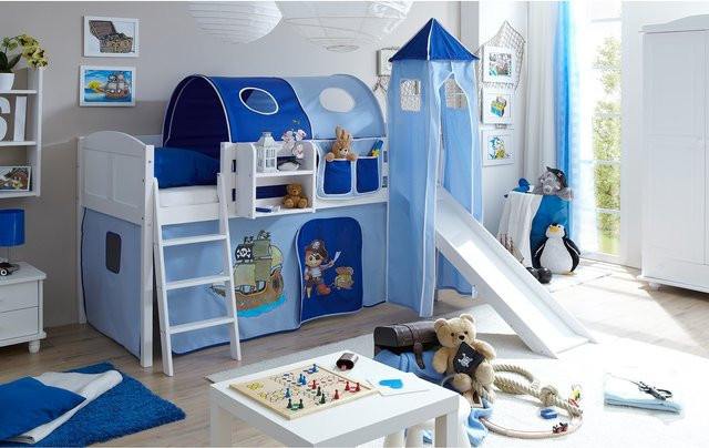 TiCAA Kinder Hochbett Ekki Country aus Kiefer mit Rutsche und Turm, Farbe Weiß - Bild 1