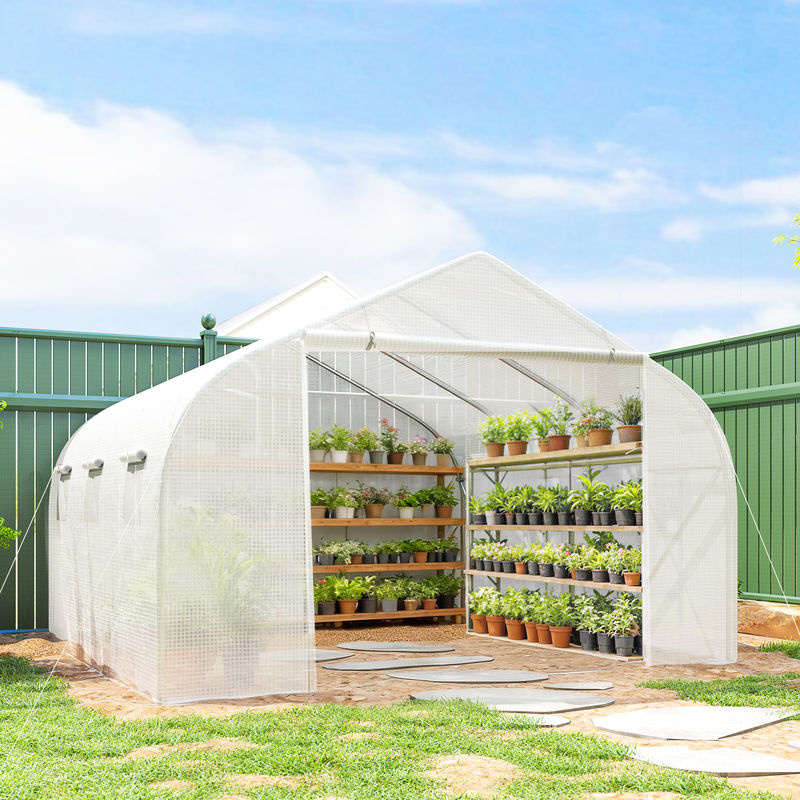 Aosom Outsunny Foliengewächshaus mit UV-Schutz und Mesh-Fenstern, winddichtes Tomatenhaus aus Metall, Weiß, B/T/H: 4,45 x 2,99 x 2,05 m - Bild 2