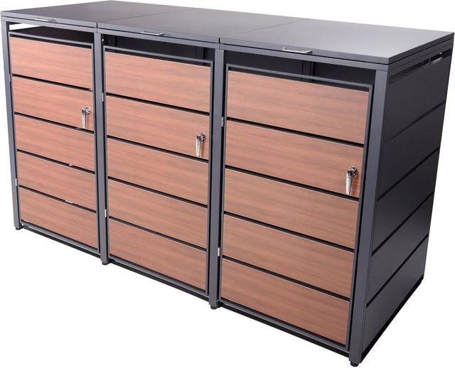 Albatros Mülltonnenbox 3er Set aus Metall mit Holzdekor in Anthrazit Grau RAL7016 für 120L bis 240L Tonnen, abschließbar und wetterfest - Bild 2