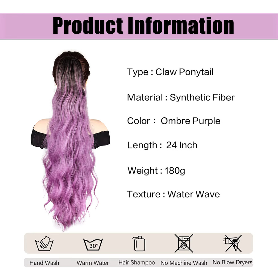 JIAMEISI Pferdeschwanz-Haarverlängerung, Ombre-lila, Wasserwellen, 61 cm, Damen - Bild 2