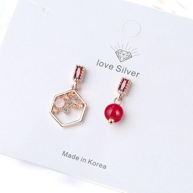 Ohrringe 925 Sterling Silber, Rote Perle, Hexagon, Asymmetrisch, Damen - Bild 1