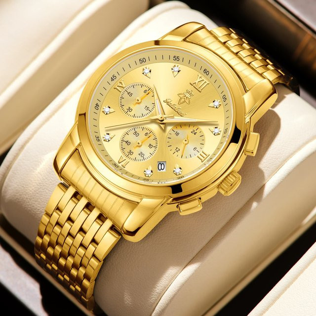 YaLaLuSi Armbanduhr, Quarz, Edelstahl, Gold, Herren, Leuchtzeiger - Bild 1