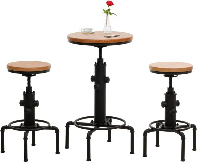 MCW Bartisch-Set N23 aus Eisen und Holz in Natur mit 2 höhenverstellbaren Barhockern im Industrial Design - Bild 1