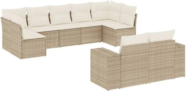 vidaXL 9-tlg. Garten-Sofagarnitur in L-Form mit Kissen, Beige, Poly-Rattan und Metallgestell - Bild 1