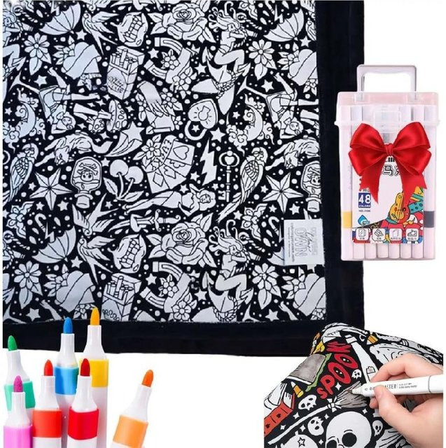 DIY Mal-Decke zum Gestalten mit 12 Farbmarkern, waschbare Kuscheldecke in Multicolour, B/H: 127 x 152,4 cm - Bild 1