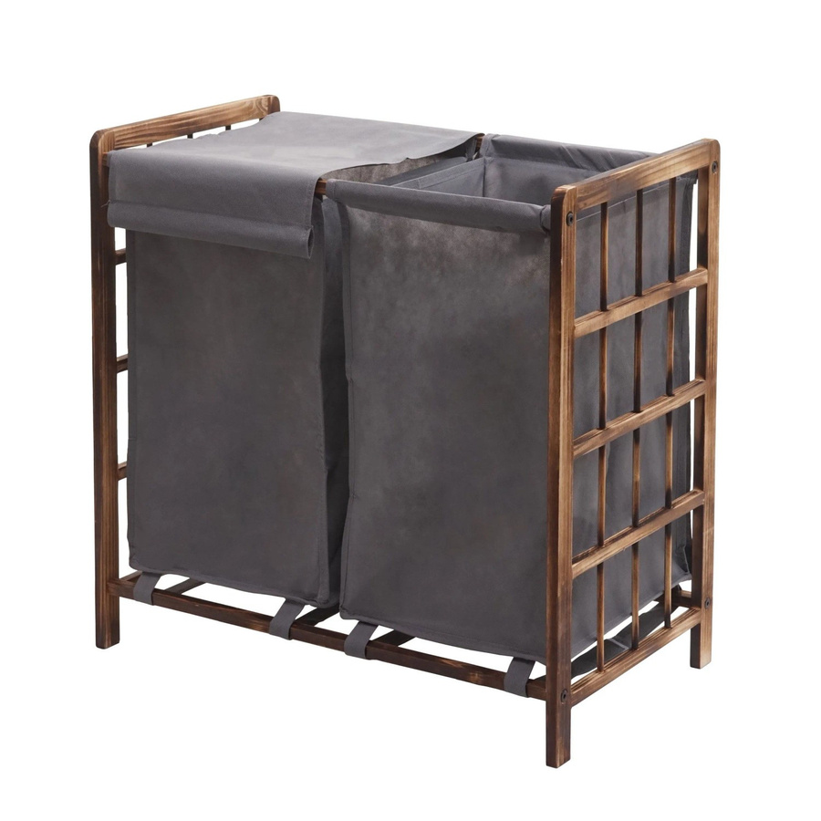 Wäschesammler MCW B60 aus Massivholz mit 2 Fächern, Braun mit grauem Bezug, B/T/H: 60 x 60 x 33 cm - Bild 2