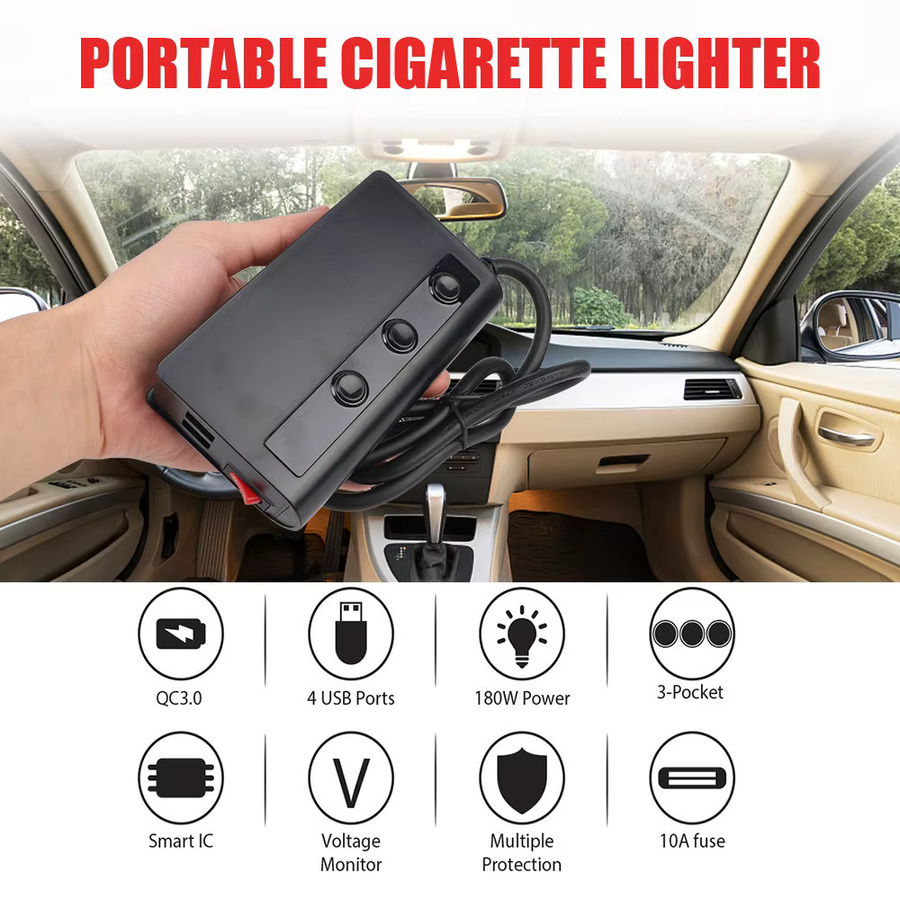 Auto Zigarettenanzünder Splitter mit 4 USB-Ladebuchsen und Schnellladefunktion, 180W, 12V/24V, Schwarz - Bild 5