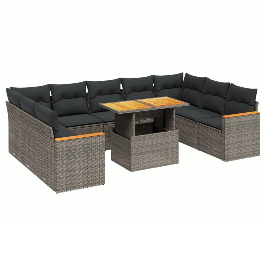 vidaXL 10-tlg. Garten-Sofagarnitur in L-Form aus Poly-Rattan und Akazienholz in Grau mit Kissen - Bild 2