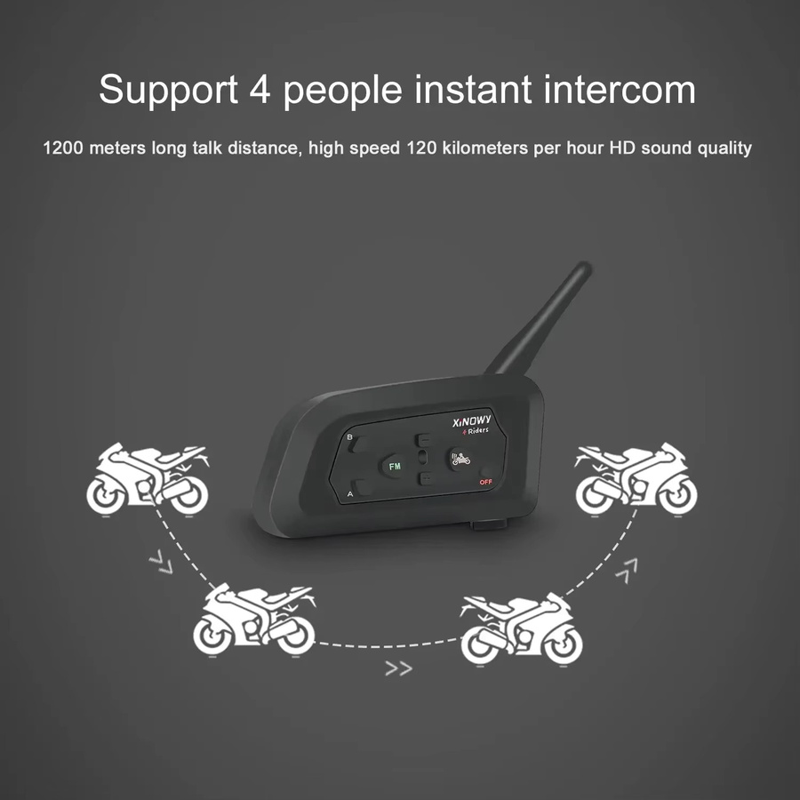 XiNOWy V4 PRO Motorrad-Bluetooth-Helm-Gegensprechanlage in Schwarz mit 4-Personen-Reitsprechanlage und einer Reichweite von 800 bis 1200 Metern - Bild 3