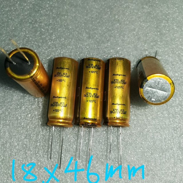 Rubycon Elektrolytkondensator für HiFi Audio Verstärker, 570 µF, 150 V, Gold, B: 1,8 cm, H: 4,5 cm - Bild 1