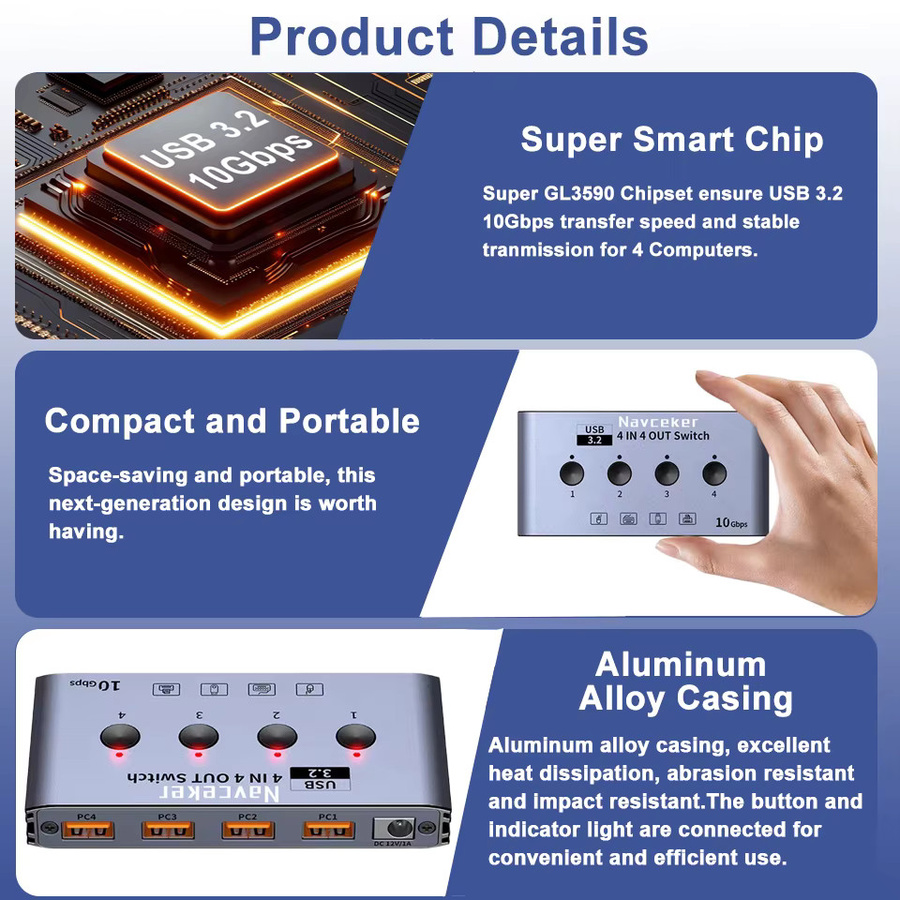 Navceker KVM USB-C-Switch mit Controller für 4 Computer, 4x 10Gbps USB 3.2 Gen 2 Umschalter für PC und Laptop sowie Tastatur - Bild 6