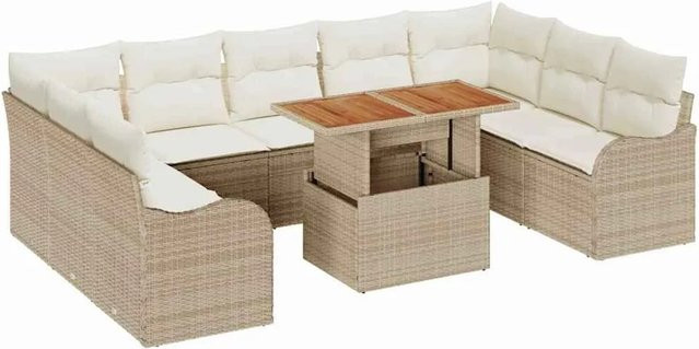 vidaXL Garten-Sofa-Set 10-tlg. in L-Form mit Kissen und Couchtisch, Beige, wetterfest mit Akazienholz und Metallrahmen - Bild 1