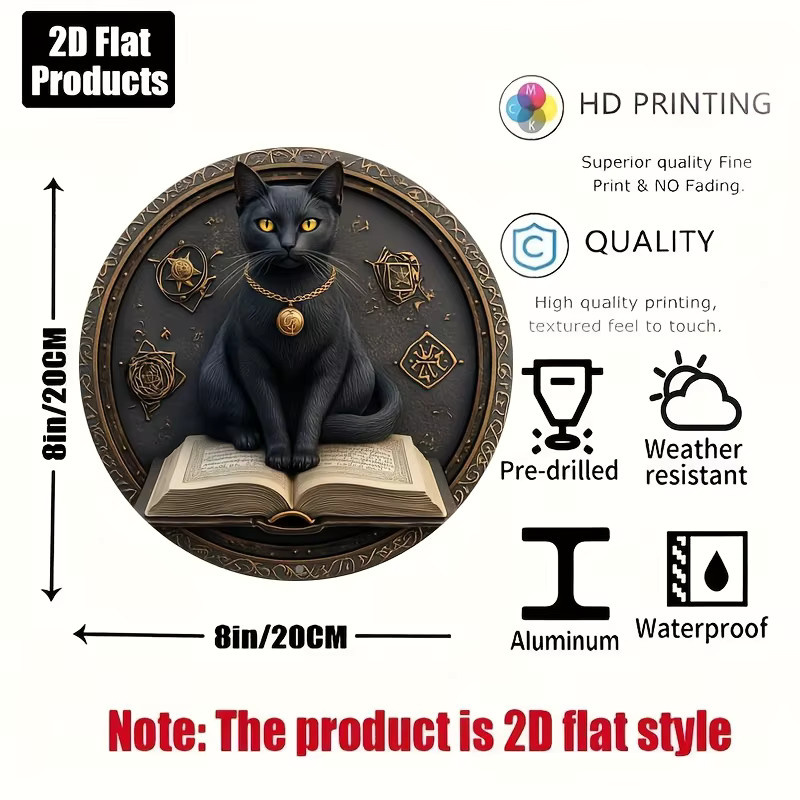 Potdemiel Vintage Black Cat Metallschild rund, Durchmesser: 20,3 cm, Wandkunst mit mystischen Symbolen in Schwarz - Bild 3