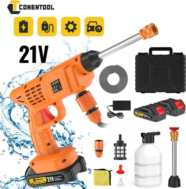 CONENTOOL Kabelloser Hochdruckreiniger mit 40 Bar Druck, 21V Akku, Sprühpistole und 5m Wasserschlauch in Orange - Bild 1