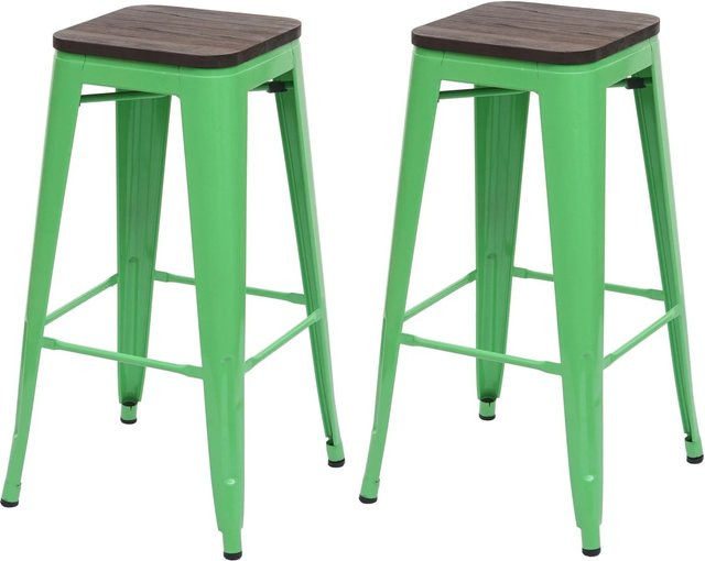 PROREGAL 2er-Set Barhocker im Industrial-Design mit Ulmenholz-Sitzfläche und Metallgestell, Grün, Sitzhöhe: 76 cm, stapelbar - Bild 1