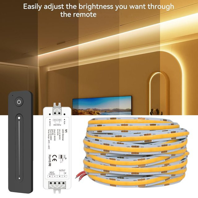 CENFAYA COB-LED-Streifen 12 V, dimmbar mit 2,4 G RF-Fernbedienung, warmweiß, flexibel für Schrank und Raumlicht - Bild 1