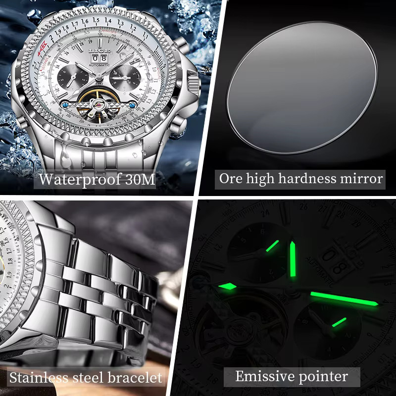 Lige Armbanduhr Automatik, Edelstahl, Schwarz, Herren - Bild 5
