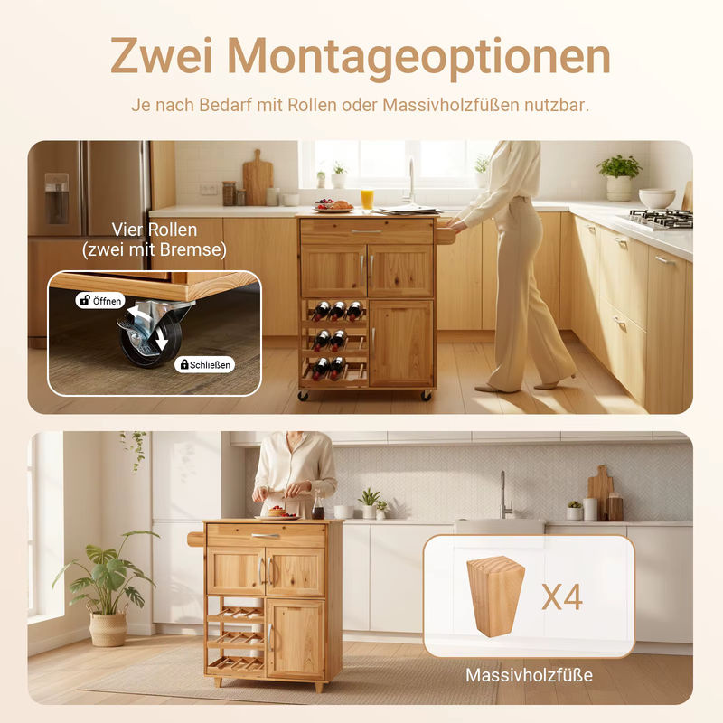 SoBuy Küchenwagen im Vintage-Design aus Massivholz mit Weinregal und Schublade, Natur/Beige, B: 75 cm, T: 38 cm, H: 86 cm - Bild 4