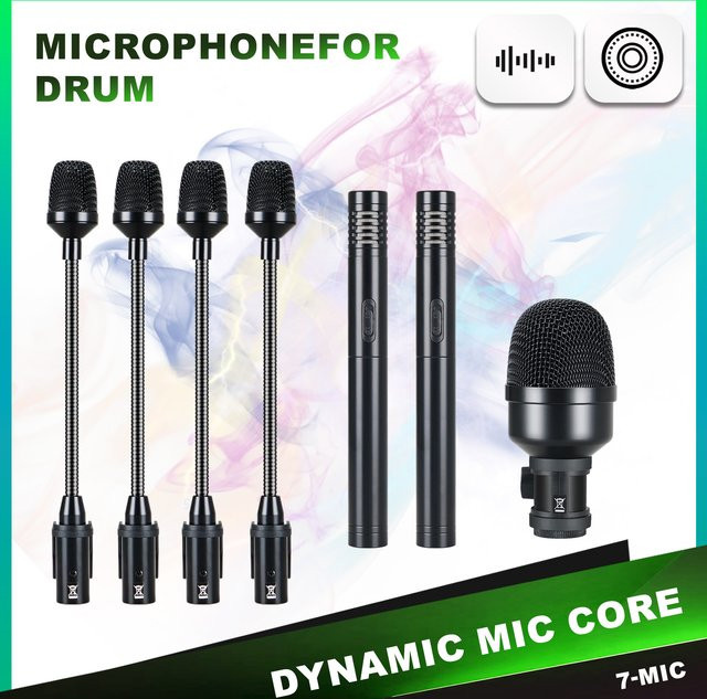 XGeS Mikrofon-Set für Schlagzeug und Instrumente, dynamische und Kondensatormikrofone für Kick, Bass, Tom, Snare und Becken, Schwarz - Bild 1