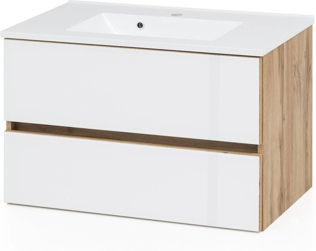 Held Möbel Waschtisch Pisa in Weiß-Wotaneiche mit Mineralguss und Glas, Breite: 80 cm - Bild 1