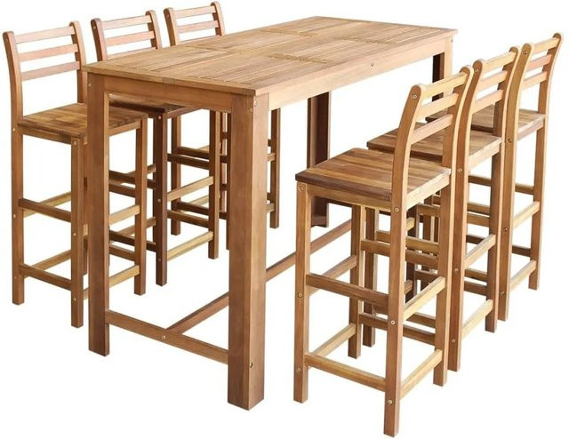vidaXL Bartisch und Stuhl-Set 7-teilig aus Akazienholz Massiv in Braun, rustikaler Esstisch mit 6 Stühlen für Café und Bar - Bild 1