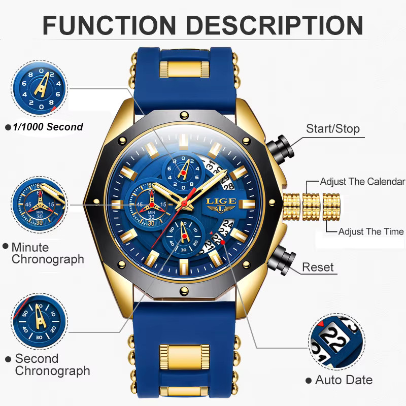 LIGE Chronograph Armbanduhr, Quarz, Blau, Silikon, Herren - Bild 3