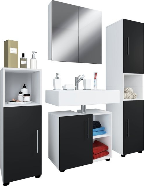 VCM Badmöbelset Flandu III 4-tlg. in Schwarz und Weiß mit Unterschrank, Midischrank, Hochschrank und Spiegel - Bild 1
