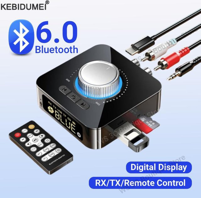 kebidumei Bluetooth 6.0 Audio Sender und Empfänger in Schwarz mit RCA, 3,5mm AUX Jack, TF/U-Disk und Fernbedienung für TV und Car Kit - Bild 1