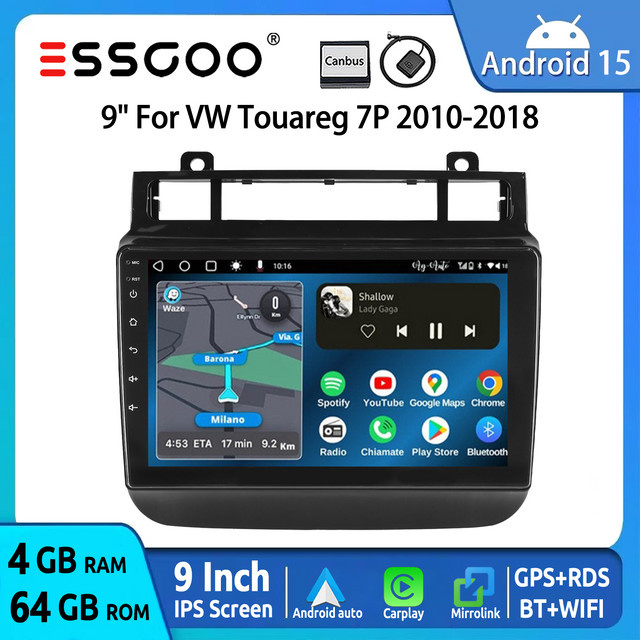 ESSGOO 9-Zoll-Autoradio mit Android 15, kabellosem CarPlay, GPS-Navigation, Bluetooth, WLAN und USB für VW Touareg 7P 2010-2018 in Schwarz - Bild 1