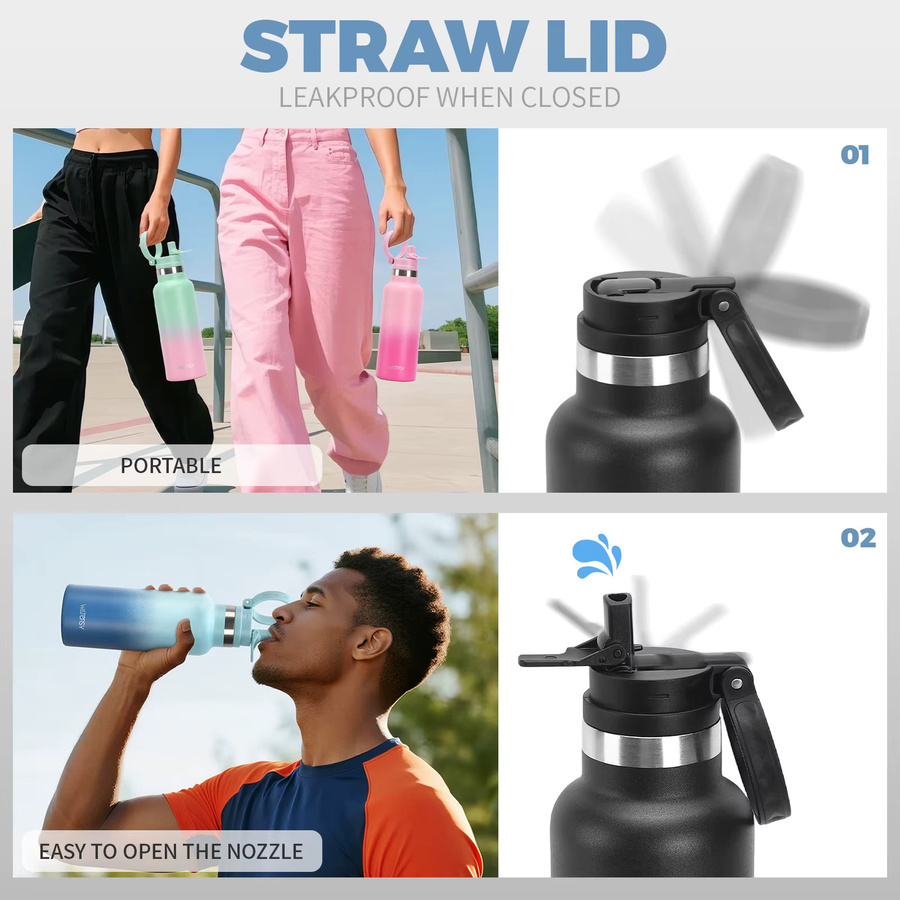 WATERSY Edelstahl Thermoflasche mit Strohhalm, Vakuum-Isolierflasche für Heiß- und Kaltgetränke, Blau, 500 ml - Bild 4