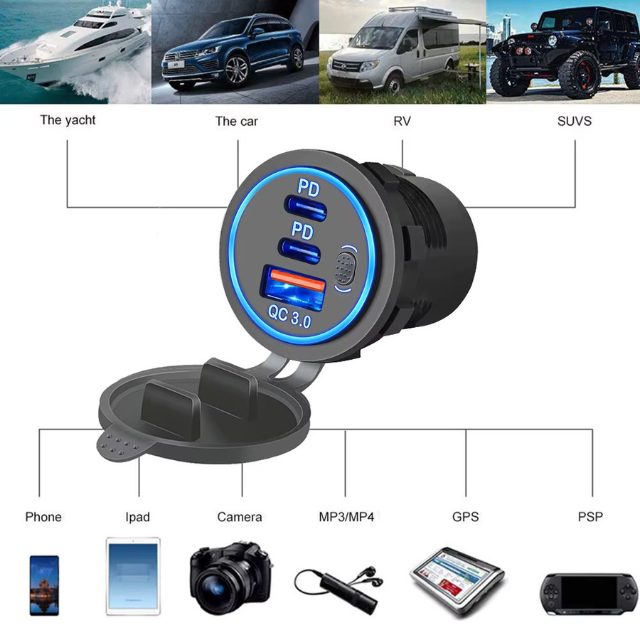 Kebidumei USB Auto Ladegerät mit Dual PD und QC3.0 Ports, Wasserdichtes USB-C Ladegerät für Lkw und Schiff, Schwarz - Bild 5