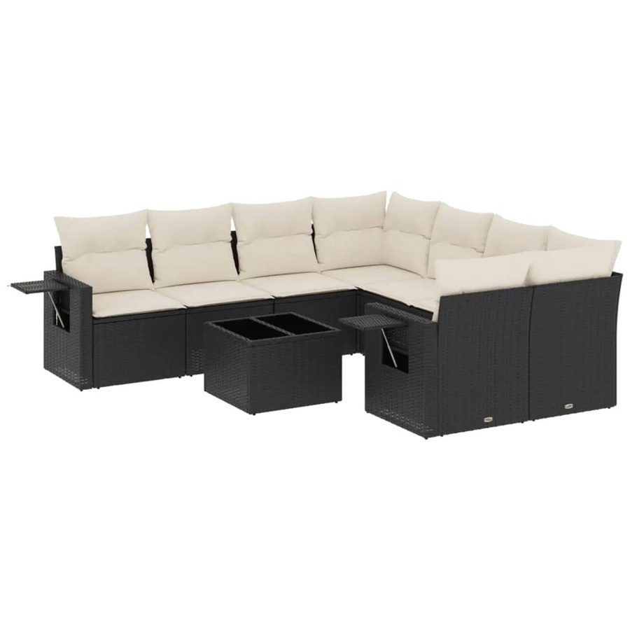 vidaXL 9-tlg Garten-Sofagarnitur in L-Form aus Poly-Rattan mit Kissen in Schwarz-Creme - Bild 2