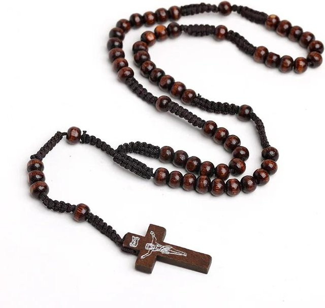 YIRAN Holzkugelkette, Kruzifix Kreuz Anhänger, beige, Damen - Bild 1