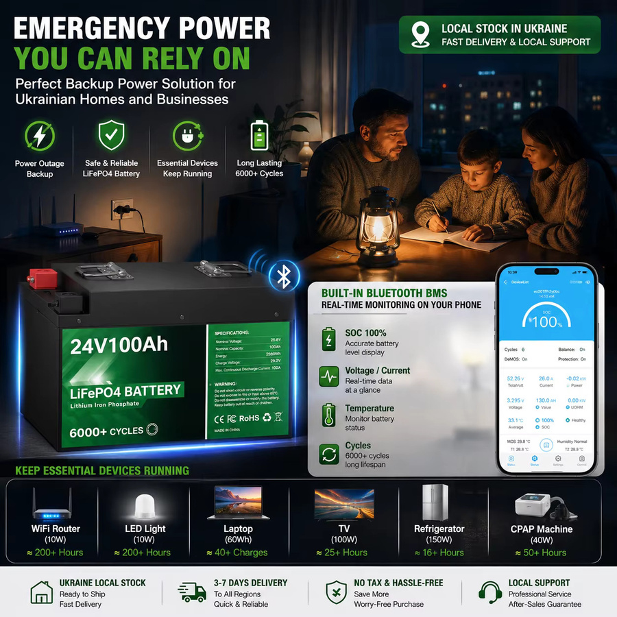 LEYOHO LiFePO4 24V 100Ah 2,56kWh Lithium-Batteriepack mit Bluetooth BMS in Schwarz - Bild 4