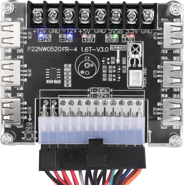 Voktta ATX Netzteil Breakout Board mit Acrylgehäuse Kit, 24 Pins Adapter Modul für 12V, -12V, 5V, 5VSB und 3,3V, Farben: Schwarz und Transparent - Bild 1