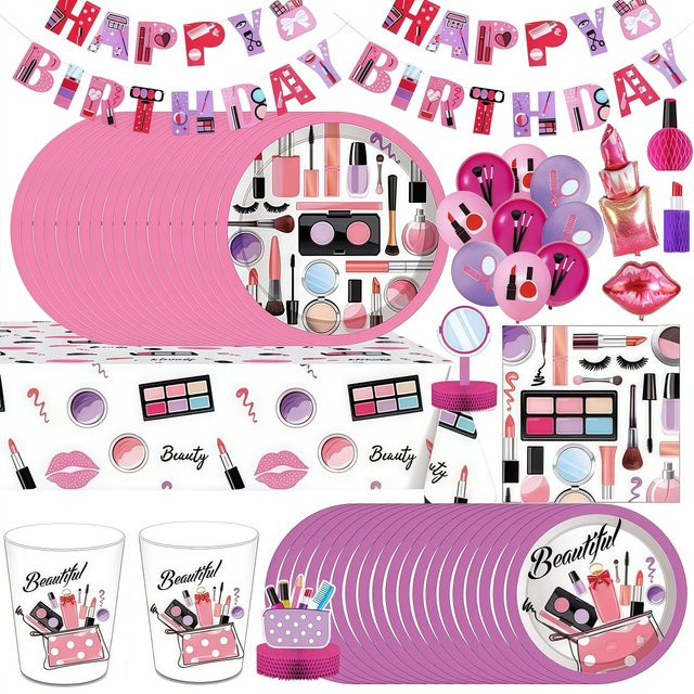 Spa-Make-up Party Set mit Einweggeschirr aus Papier und Luftballons in Pink für Kindergeburtstage - Bild 1